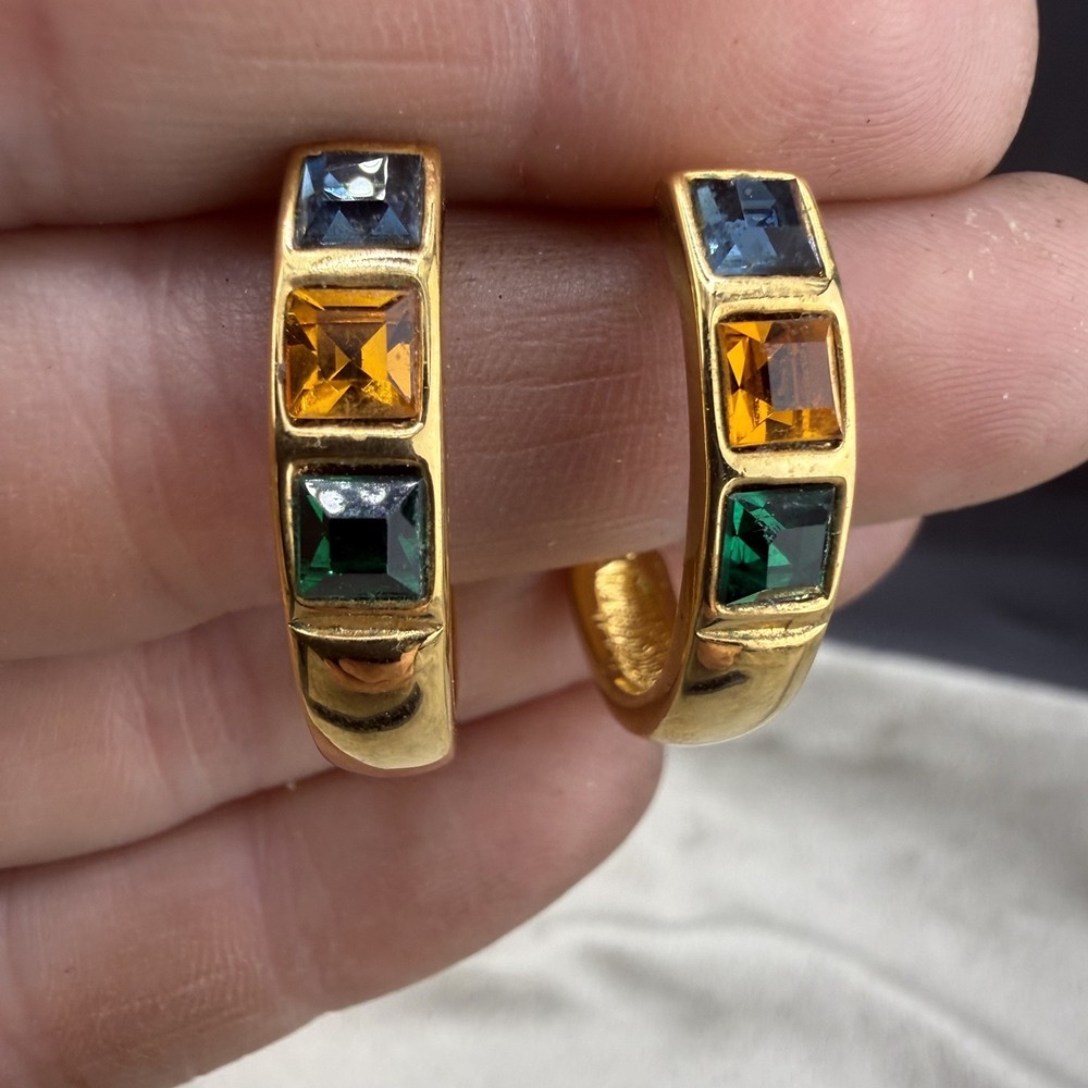 Vintage Napier Pierced Earrings Gold Tone Rhinestone Hoop